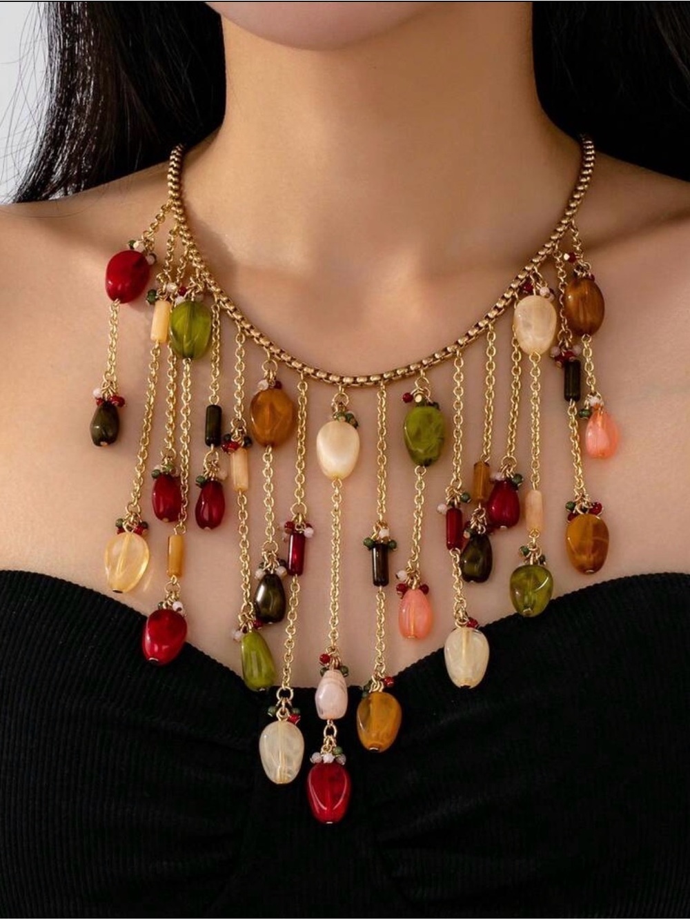 Gold-Tone Necklace with Red, Green, Amber and Cream Stones